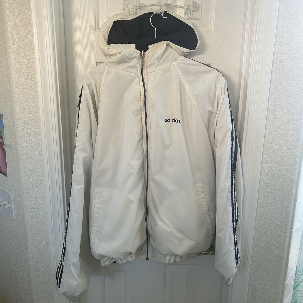 Vintage Y2K Adidas Men's Reversible Hooded Puffer Jacket XXL Retro White Black